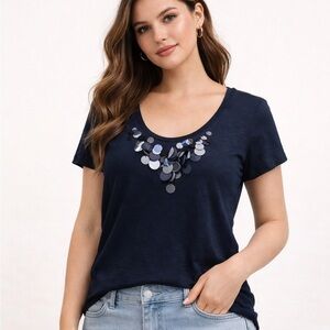 Caslon Navy Slub Knit Sequin Tee Womens XL Short Sleeve Cotton Modest Boho Top